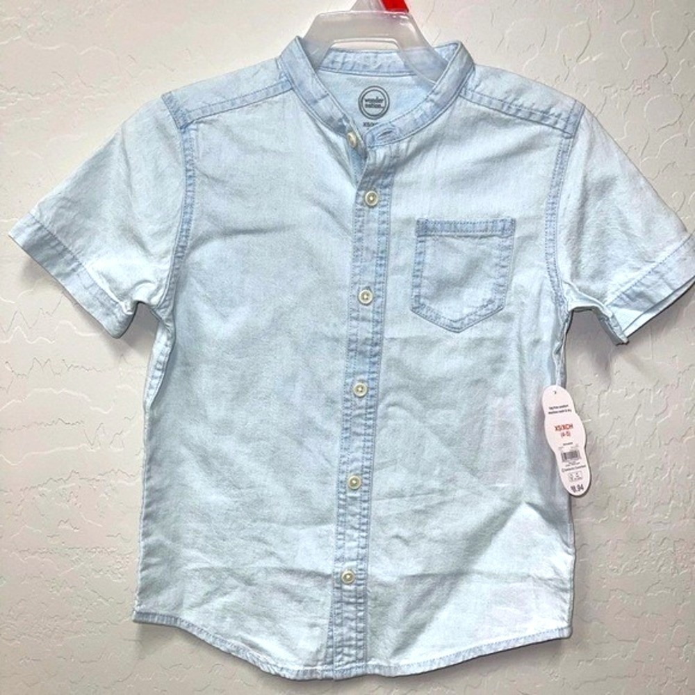 Blue Chambray Mandarin Collar Short Sleeve Button‎ Down Shirt XS 4 Wonder Nation